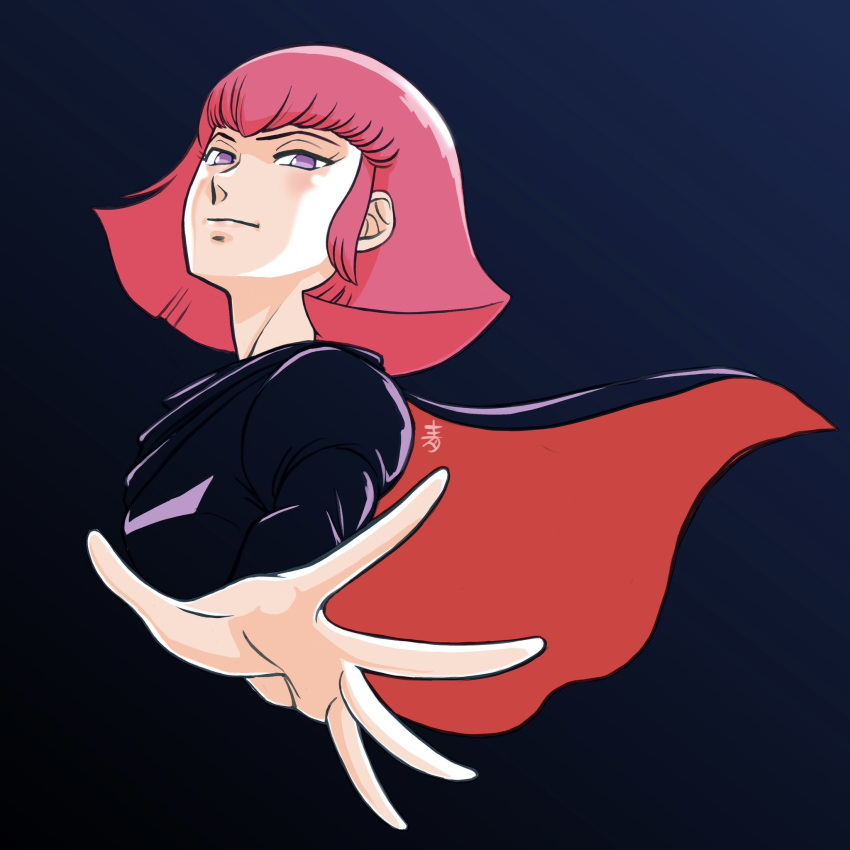 1girl, aobito_sukoyaka_bystander, artist_logo, black_jacket, blending, blue_background, cape, expressionless