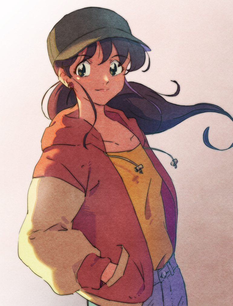 1girl, baseball_cap, bishoujo_senshi_sailor_moon, brown_hair, denim, earrings, green_eyes, hands_in_pockets