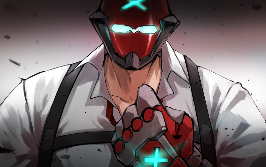 1boy, clenched_hand, collared_shirt, counter:side, covered_face, faceless, faceless_male, gauntlets