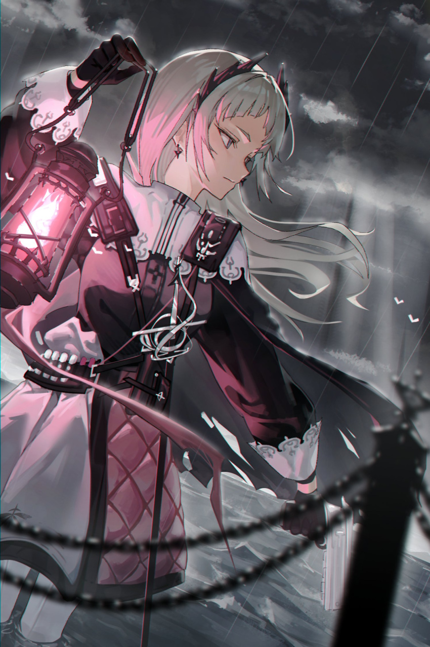 1girl, arknights, black_cape, black_gloves, cape, capelet, closed_mouth, clouds