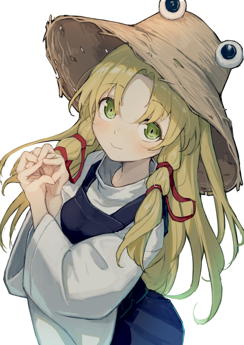 1girl, blonde_hair, blush, bouhuman, brown_headwear, closed_mouth, commentary, green_eyes