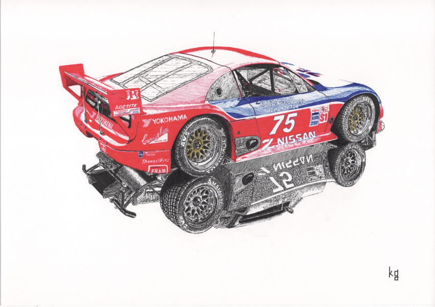 absurdres, car, highres, imsa_gt_championship, kg_(33san-team), motor_vehicle, nissan, nissan_300zx, nissan_300zx_(z32), nissan_fairlady_z, no_humans, race_vehicle, racecar, radio_antenna, reflection, spoiler_(automobile), traditional_media, vehicle_focus, white_background