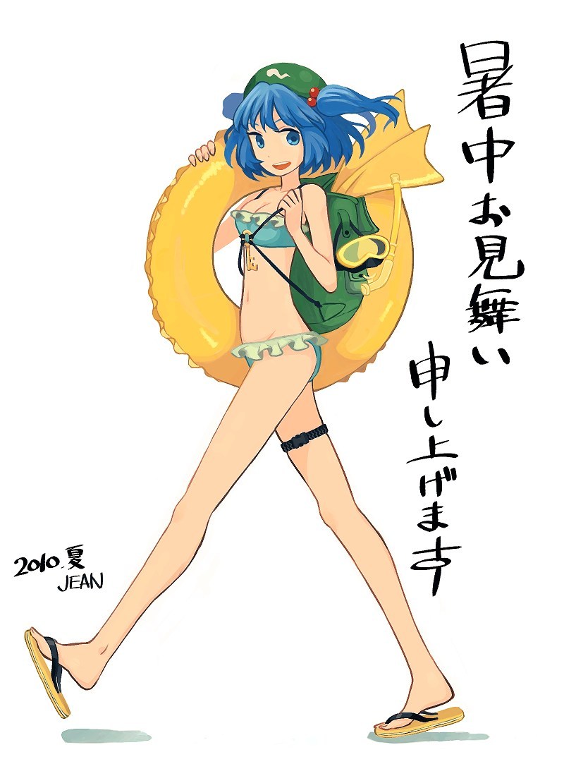 backpack, bag, bikini, blue_eyes, blue_hair, cleavage, diving_mask, flip-flops