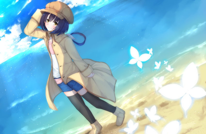 1girl, absurdres, arm_at_side, arm_up, beach, black_thighhighs, blue_butterfly, blue_shorts