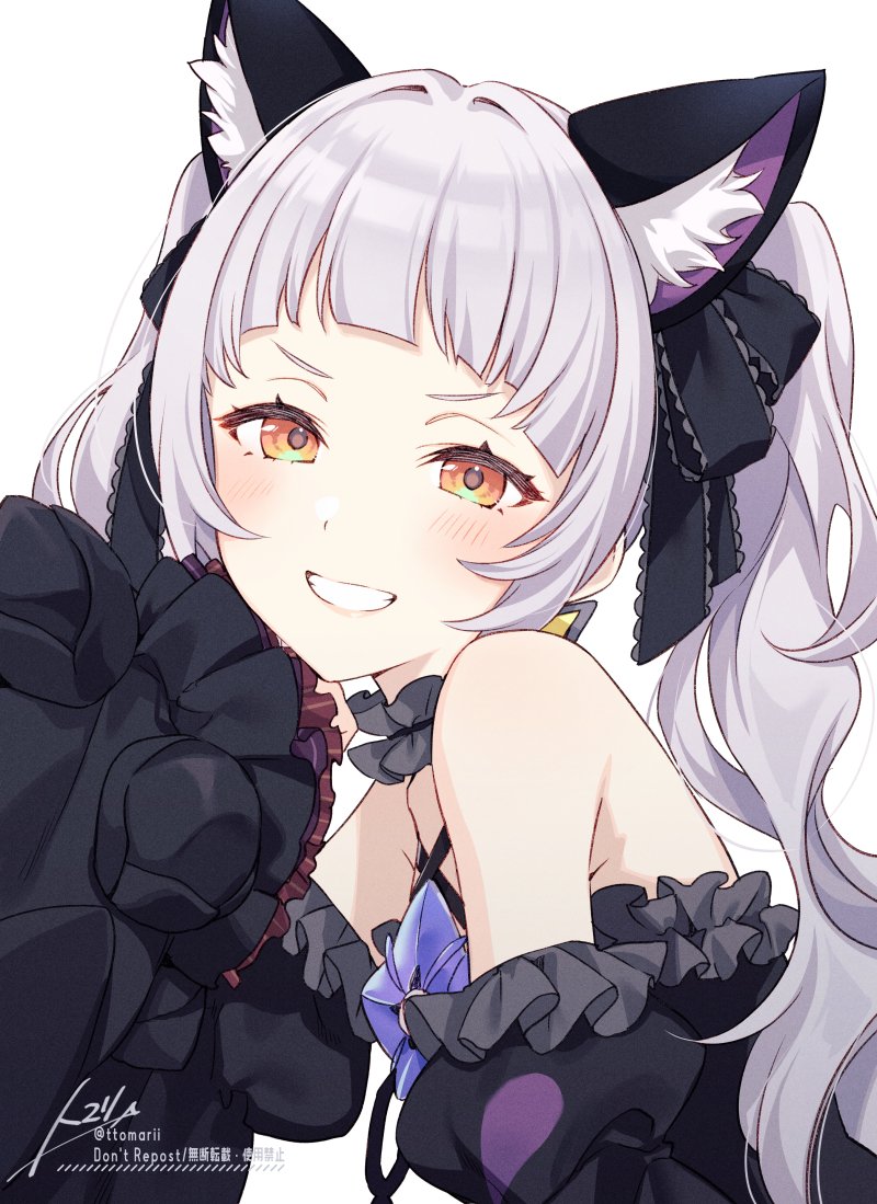 1girl, animal_ear_fluff, animal_ears, bare_shoulders, black_dress, cat_ears, commentary, detached_sleeves