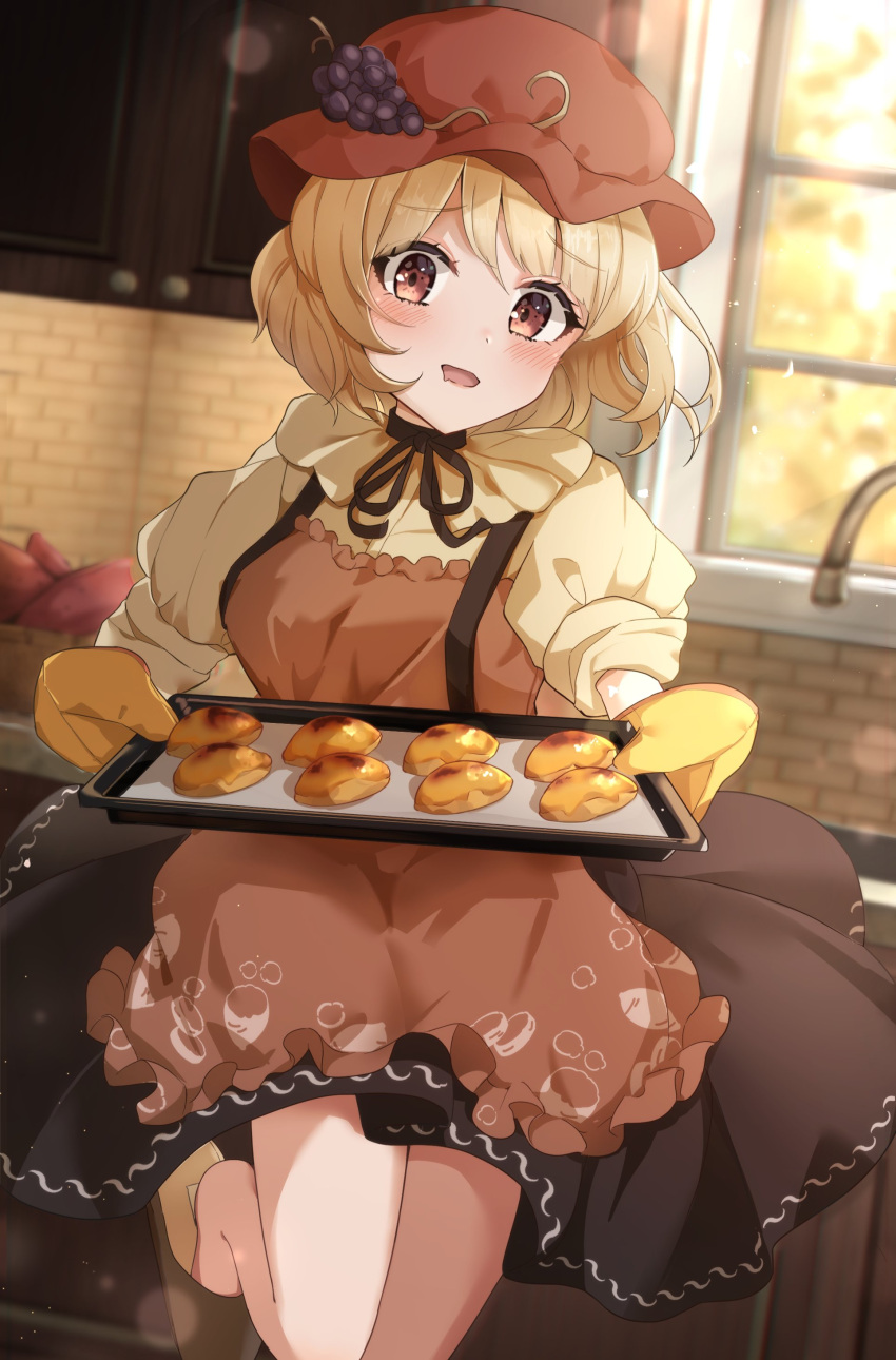 1girl, absurdres, aki_minoriko, apron, baking, baking_sheet, black_skirt, blonde_hair
