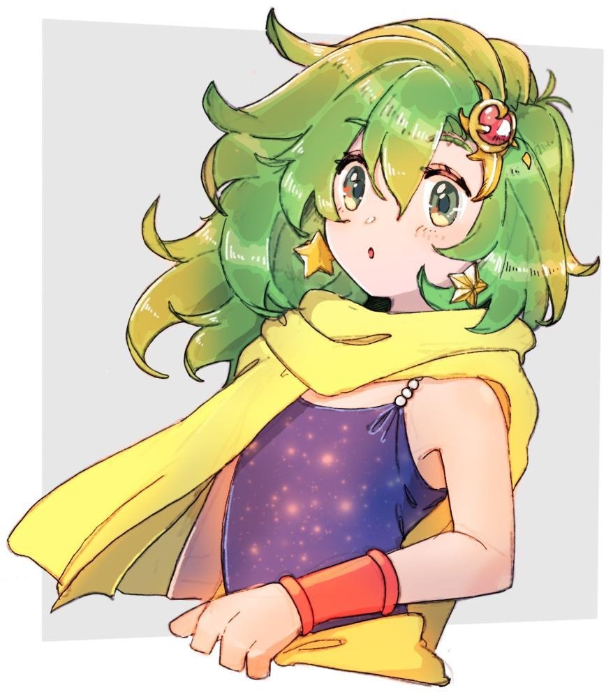 1girl, cape, earrings, final_fantasy, final_fantasy_iv, green_eyes, green_hair, hair_ornament