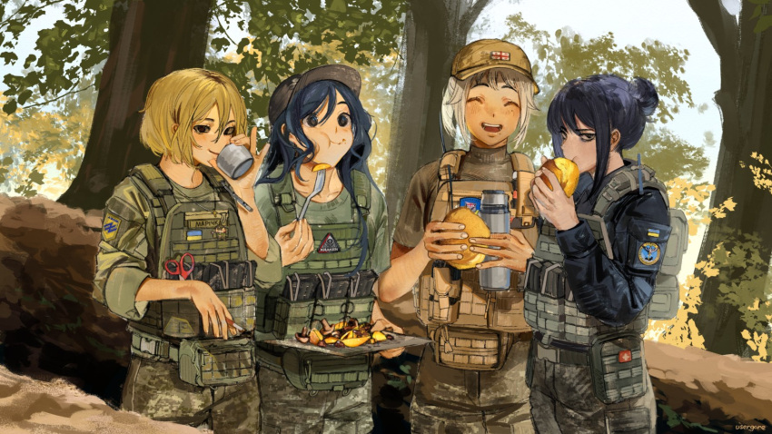 4girls, baseball_cap, black_eyes, black_hair, blonde_hair, bulletproof_vest, camouflage, camouflage_pants