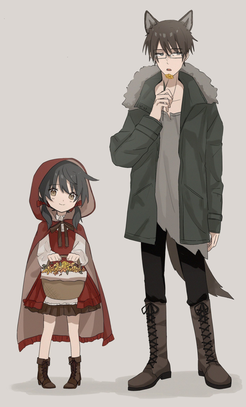 1boy, 1girl, absurdres, ah-software, animal_ears, ankle_boots, basket, big_bad_wolf