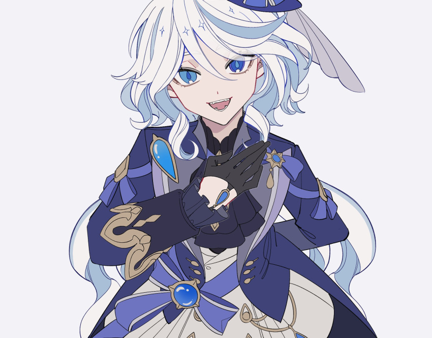 1girl, :d, ascot, black_ascot, black_gloves, blue_brooch, blue_eyes, blue_gemstone, blue_hair, blue_headwear, blue_jacket, drop-shaped_pupils, furina_(genshin_impact), gem, genshin_impact, gloves, hair_between_eyes, hat, heterochromia, highres, jacket, light_blue_hair, long_hair, long_sleeves, looking_at_viewer, mismatched_pupils, multicolored_hair, open_mouth, smile, solo, top_hat, white_hair, yuyouxingx