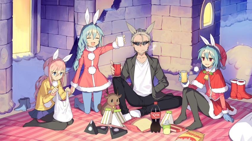 100_percent_orange_juice, 1boy, 3girls, animal_ears, arthur_(orange_juice), artist_request, aru_(orange_juice), aru_(scramble)_(orange_juice)