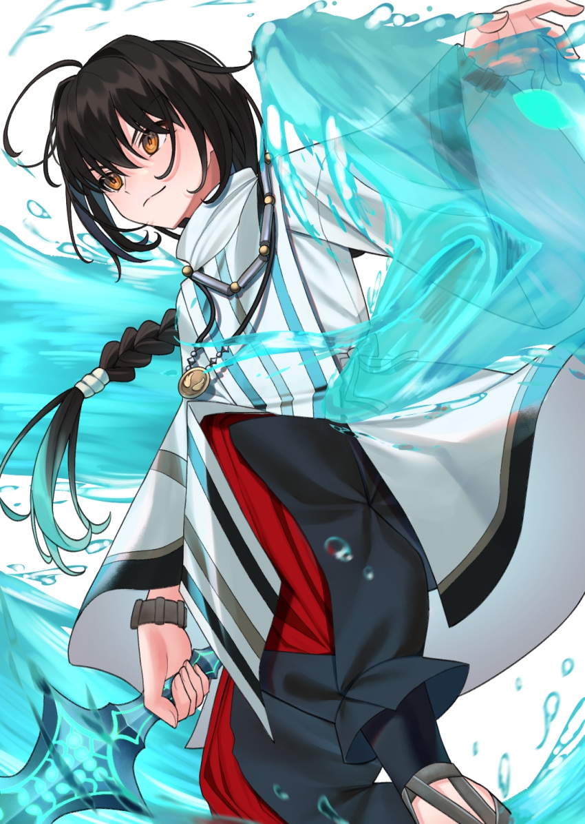 1other, ahoge, androgynous, black_hair, black_pants, braid, braided_ponytail, brown_eyes, closed_mouth, fate/samurai_remnant, fate_(series), gradient_hair, highres, holding, holding_sword, holding_weapon, japanese_clothes, jewelry, long_hair, multicolored_hair, necklace, pants, ponytail, saber_(fate/samurai_remnant), shirt, simple_background, solo, sword, user_vjdv7335, water, water_drop, weapon, white_background, white_hair, white_shirt