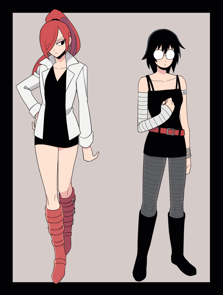 2girls, arm_warmers, black_dress, black_eyes, black_footwear, black_hair, boots, bracelet