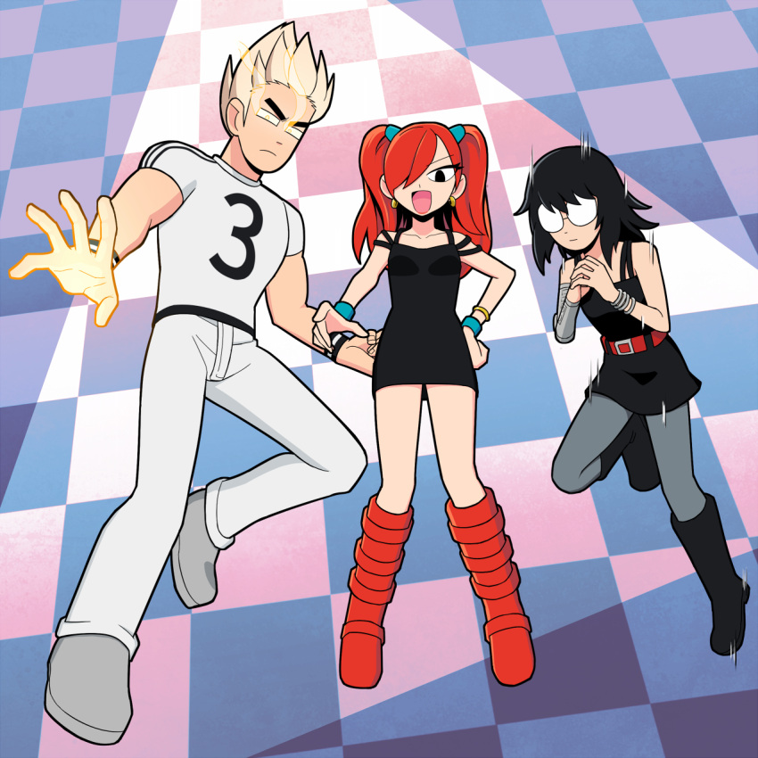 1boy, 2girls, animal_ears, black_dress, black_eyes, black_footwear, black_hair, blonde_hair