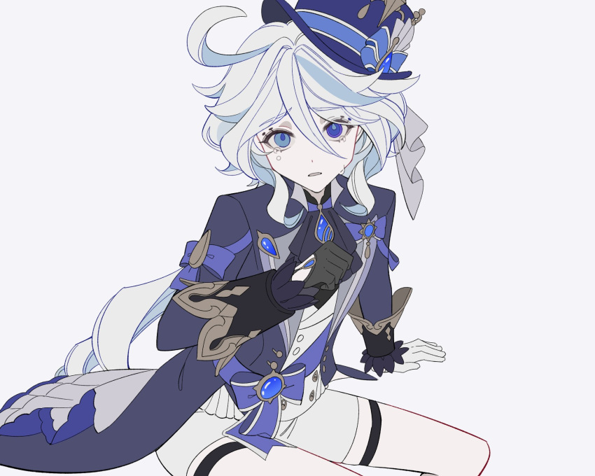 1girl, ahoge, ascot, asymmetrical_gloves, black_ascot, black_gloves, blue_brooch, blue_eyes, blue_gemstone, blue_hair, blue_headwear, blue_jacket, cowlick, crying, crying_with_eyes_open, drop-shaped_pupils, furina_(genshin_impact), gem, genshin_impact, gloves, hair_between_eyes, hat, heterochromia, highres, jacket, light_blue_hair, long_hair, long_sleeves, looking_at_viewer, mismatched_gloves, mismatched_pupils, multicolored_hair, open_mouth, shorts, simple_background, solo, tears, top_hat, white_background, white_gloves, white_hair, white_shorts, yuyouxingx
