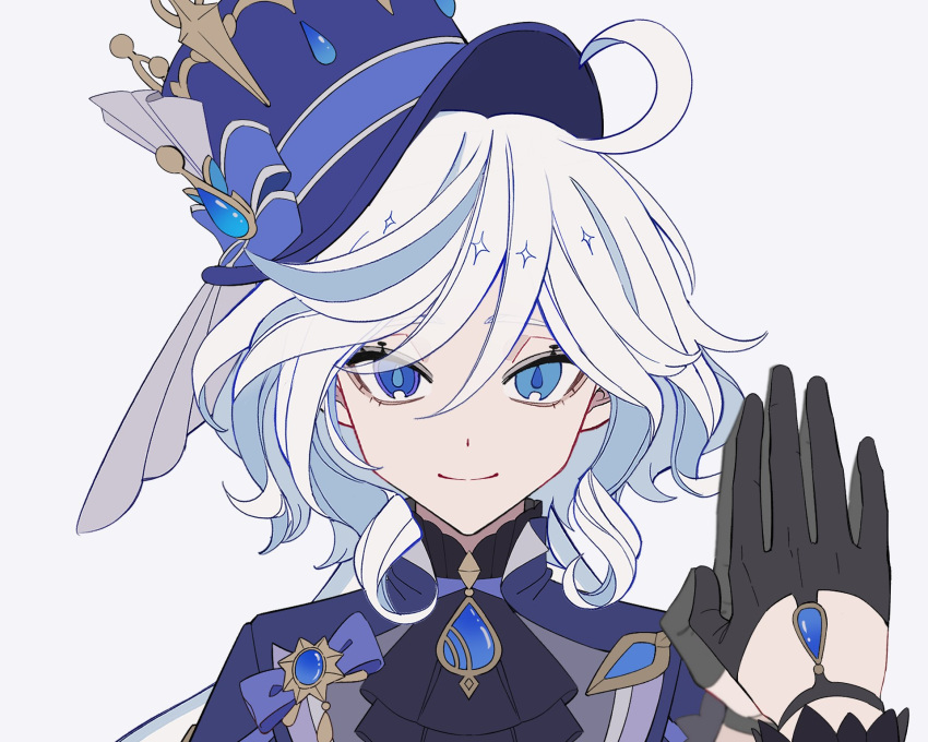 1girl, ahoge, ascot, black_ascot, black_gloves, blue_brooch, blue_eyes, blue_gemstone