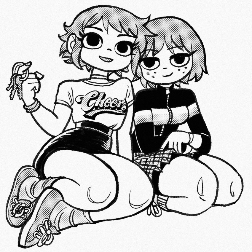 2girls, breasts, bryan_lee_o'malley, freckles, greyscale, high-waist_skirt, highres, holding