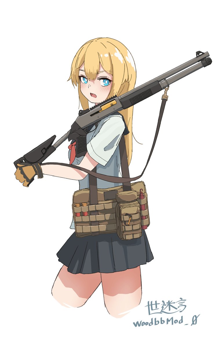 1girl, annoyed, artist_name, benelli_m4, blonde_hair, blue_eyes, combat_shotgun, gloves