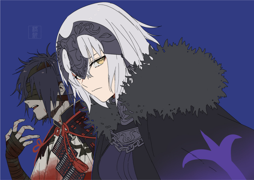 1boy, 1girl, armor, bandage_over_one_eye, bandaged_head, bandages, black_armor, black_bandages