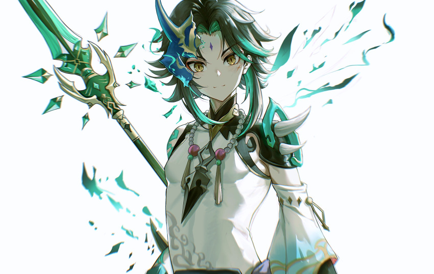 1boy, ahoge, aqua_hair, arm_tattoo, armor, black_hair, blue_mask, closed_mouth