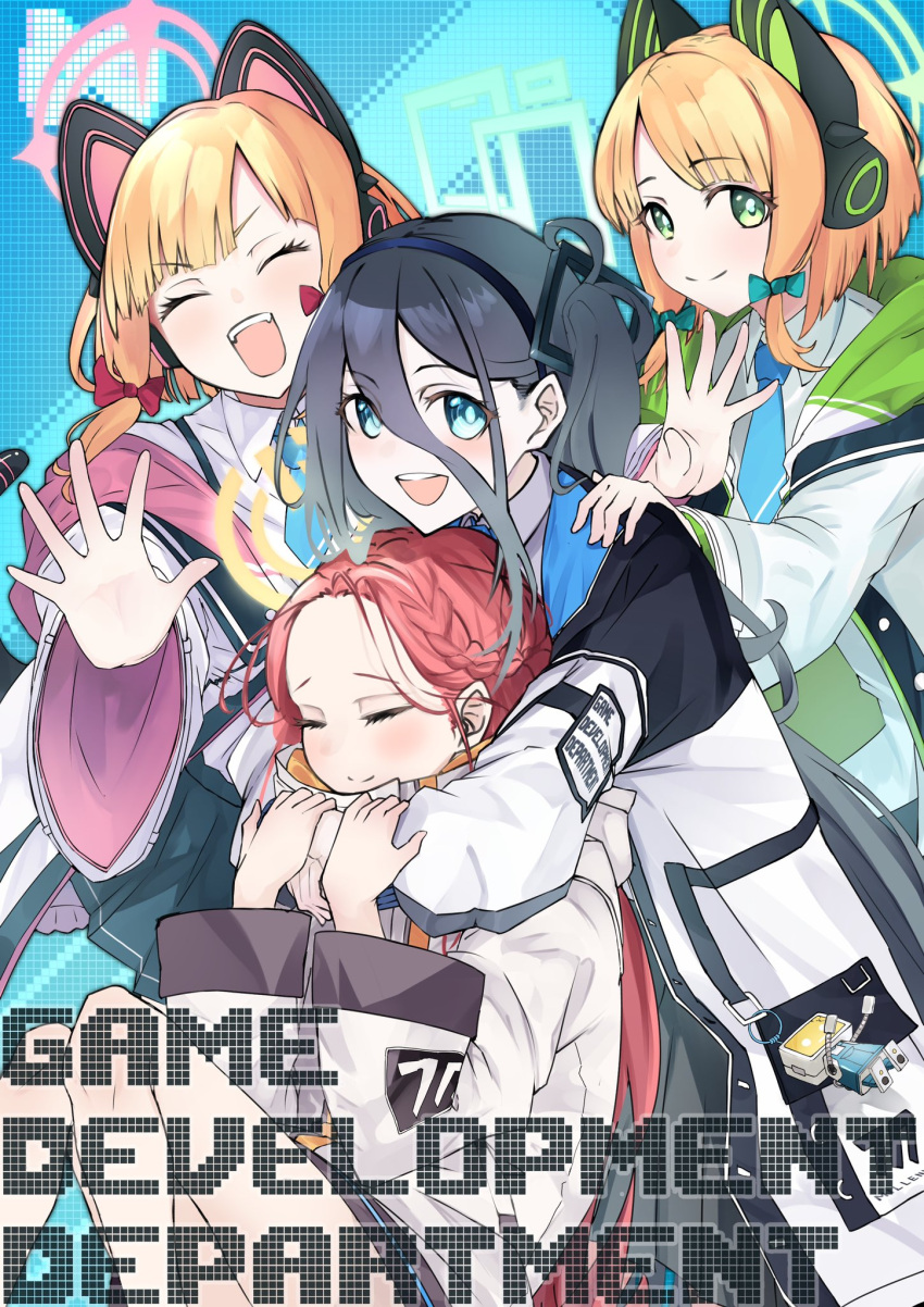 4girls, animal_ear_headphones, animal_ears, aris_(blue_archive), black_hair, black_skirt, blonde_hair, blue_archive