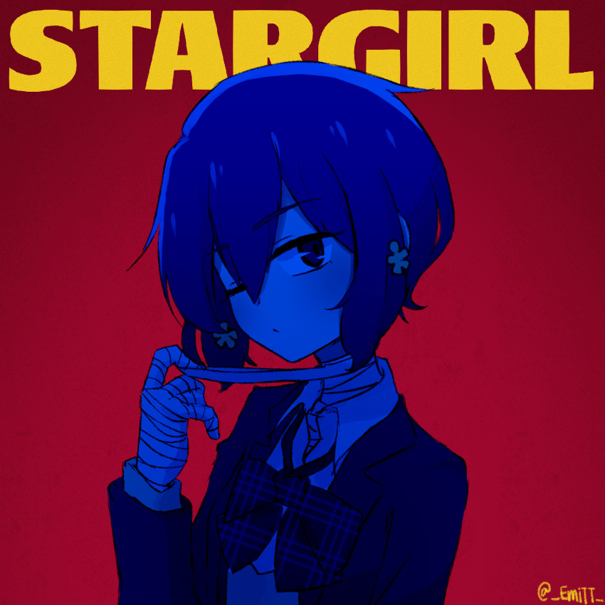 1girl, bandaged_hand, bandages, black_bow, black_jacket, blazer, bow, collared_shirt