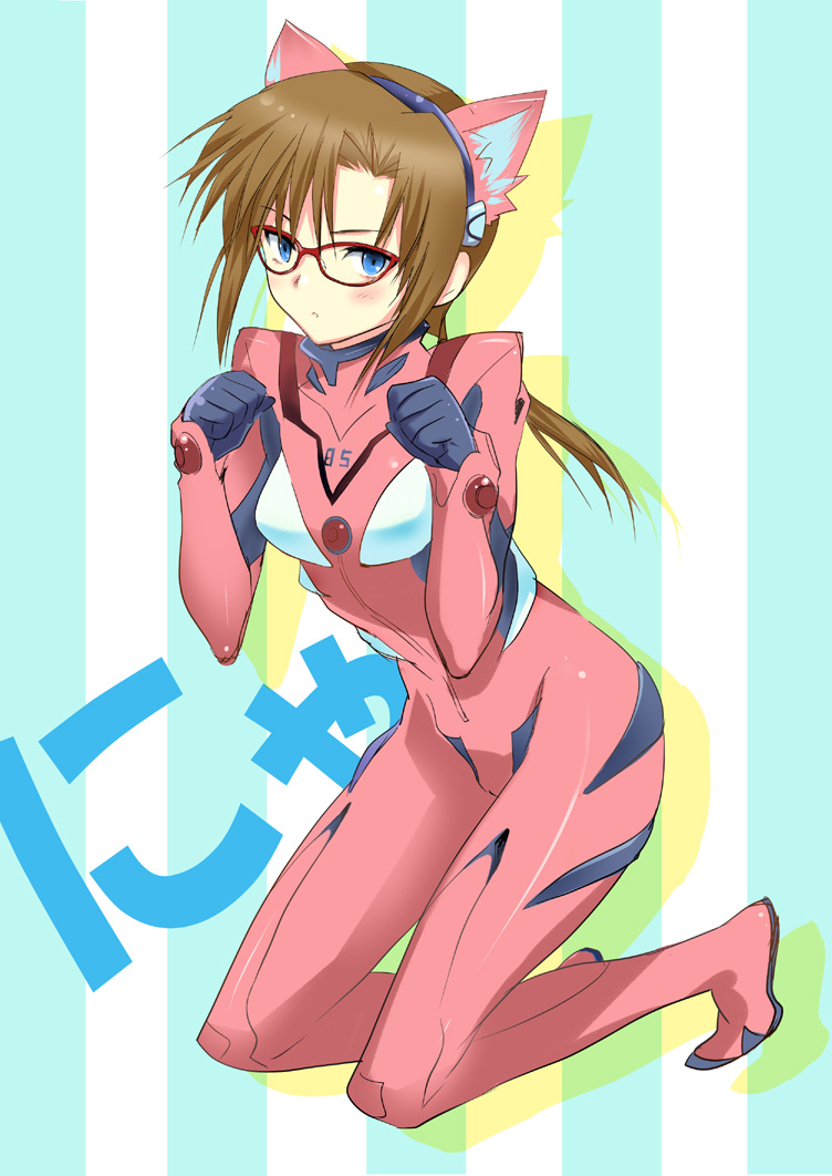 blue_eyes, blush, brown_hair, cat_ears, evangelion:_2.0_you_can_(not)_advance, glasses, hairband, kantaro