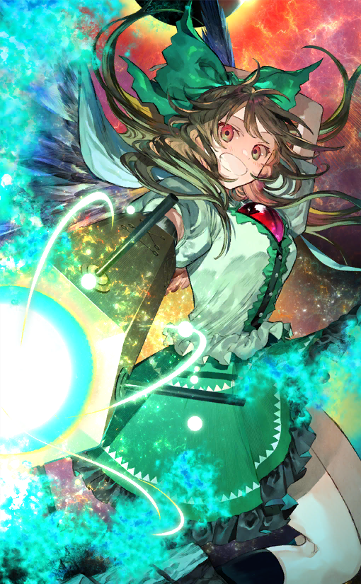 1girl, aiming, aiming_at_viewer, arm_behind_head, arm_cannon, attack, bird_wings, black_hole