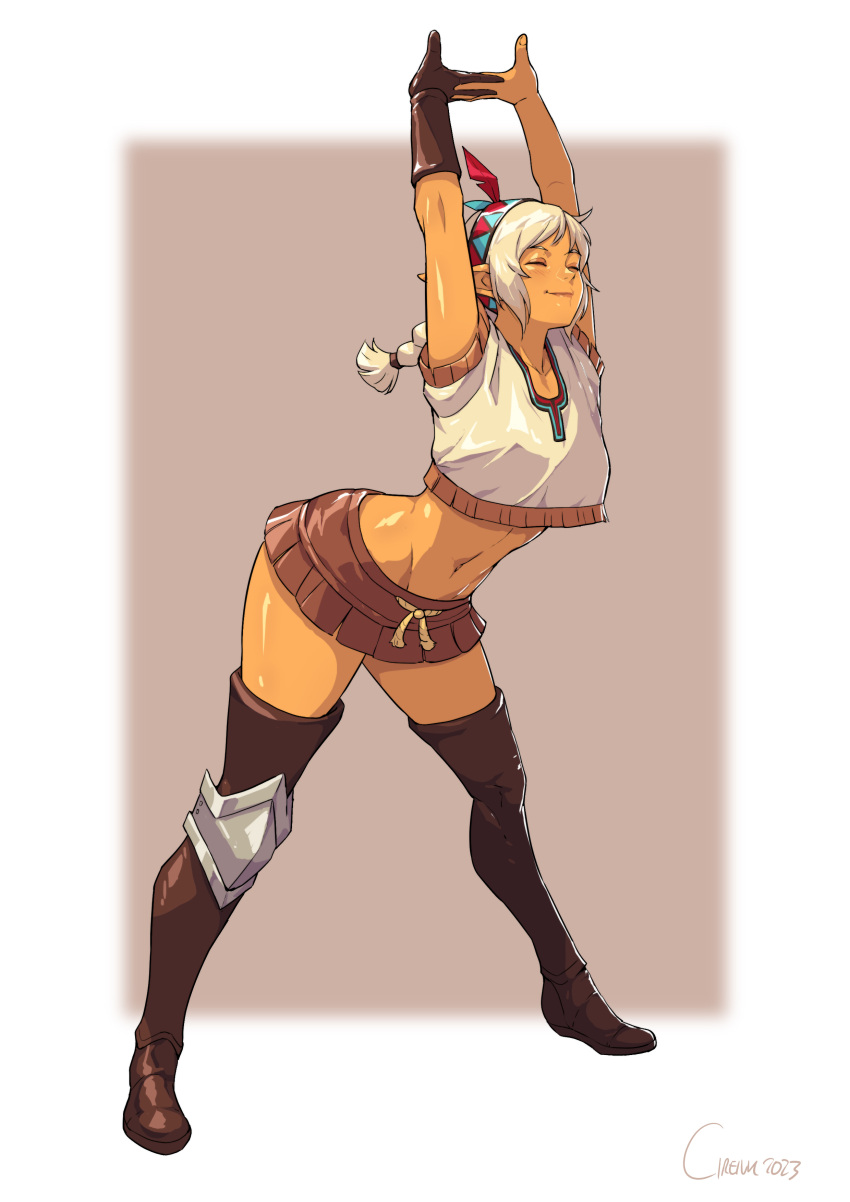 1girl, 2023, absurdres, arms_up, boots, border, borrowed_character, braid