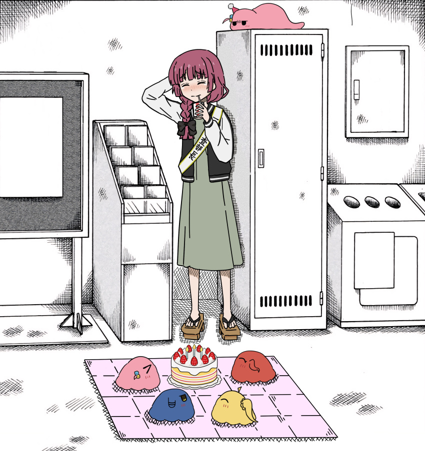 >_<, ^_^, absurdres, arm_behind_head, bocchi_the_rock!, braid, cake, closed_eyes