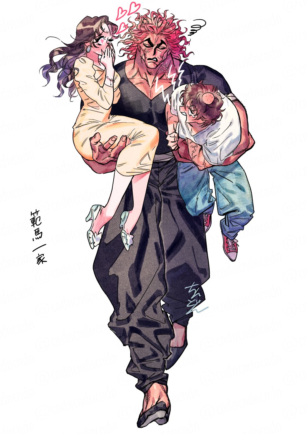 1girl, 2boys, akezawa_emi, black_pants, black_shirt, blush, carrying, carrying_person, carrying_under_arm, closed_eyes, cndncndncndn, covering_mouth, dress, family, father_and_son, grappler_baki, hanma_baki, hanma_yuujirou, heart, heart-shaped_pupils, highres, husband_and_wife, looking_at_another, mother_and_son, multiple_boys, muscular, muscular_male, pants, shirt, simple_background, squiggle, symbol-shaped_pupils, tall, tall_male, veins, veiny_arms, veiny_face, veiny_neck, walking, white_background, yellow_dress