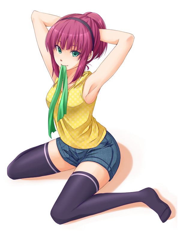 armpits, arms_up, casual, green_eyes, hairband, hairdressing, kashiwa_mochi, mouth_hold, ponytail, purple_hair, short_hair, sitting, thigh-highs, thighhighs, wariza, yuri_(angel_beats!)