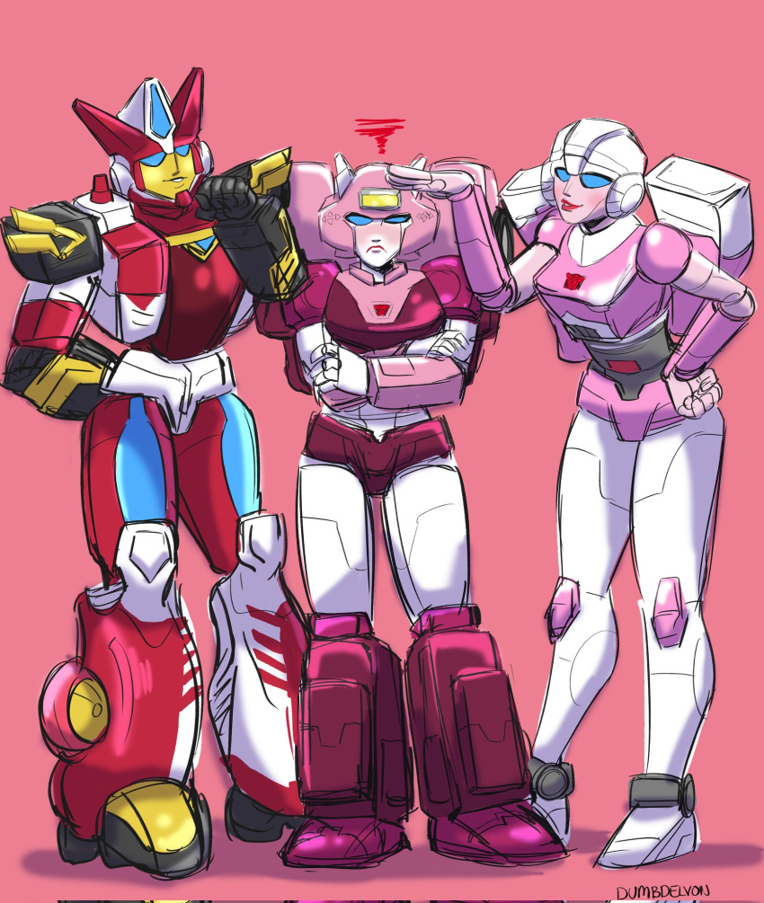 3girls, annoyed, arcee, autobot, backpack, bag, blue_eyes, blush