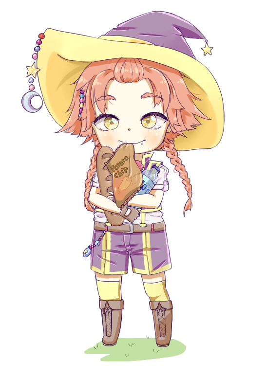 1boy, armor, bag_of_chips, bangs_pinned_back, beads, belt, belt_buckle, black_bow, boots, borrowed_character, bottle, bow, braid, bread, breastplate, brown_belt, brown_footwear, buckle, chibi, closed_mouth, collared_vest, commentary, crescent, crescent_hat_ornament, cross-laced_footwear, english_commentary, food, footwear_bow, grass, hair_beads, hair_ornament, hat, hat_ornament, high_collar, holding, holding_bottle, holding_food, kikkidream, light_blush, long_hair, looking_at_viewer, low_twin_braids, male_focus, mole, mole_under_mouth, mouth_hold, orange_hair, original, over-kneehighs, pocket, potion, purple_headwear, purple_shorts, purple_vest, shirt, short_sleeves, shorts, smile, socks, solo, star_(symbol), star_hat_ornament, thigh-highs, transparent_background, twin_braids, vest, water_bottle, white_shirt, witch_hat, yellow_eyes, yellow_socks, yellow_trim