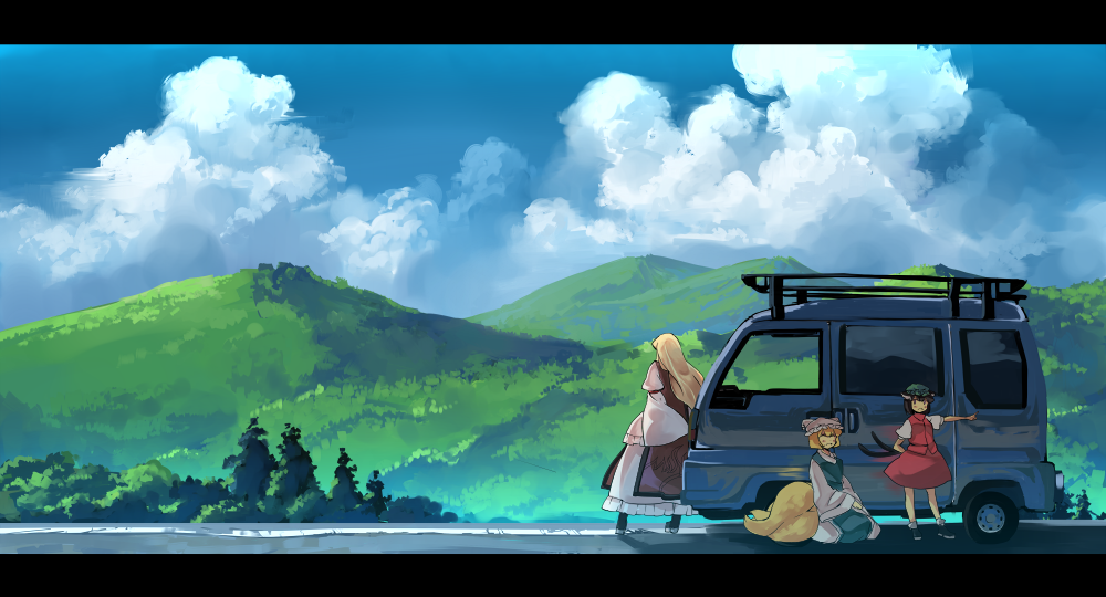 brown_hair, chen, cloud, garnet, garnet_(pixiv), hat, landscape, motor_vehicle