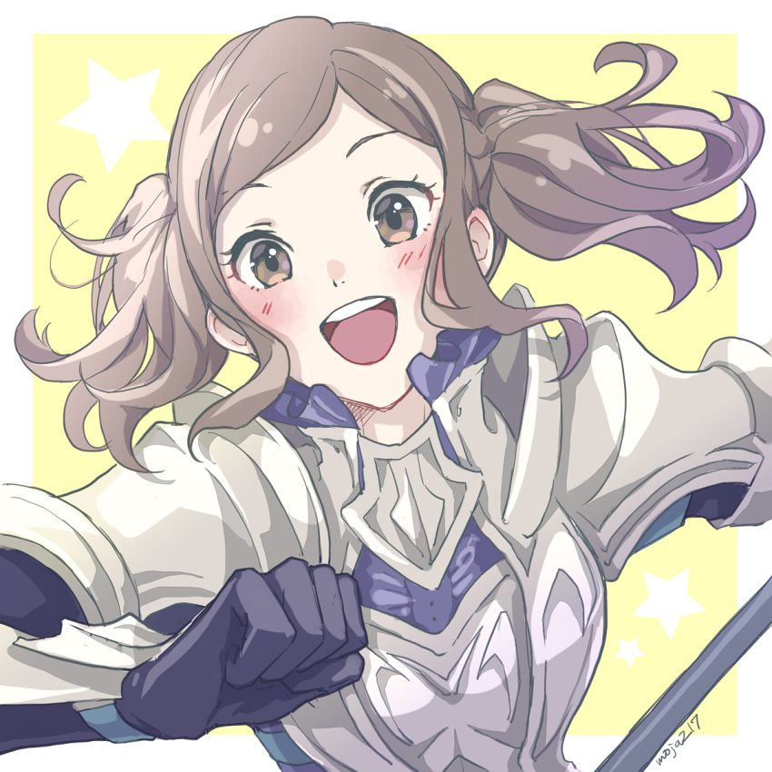 1girl, :d, armor, artist_name, blush, border, brown_eyes, brown_hair, cynthia_(fire_emblem), fire_emblem, fire_emblem_awakening, gloves, highres, looking_at_viewer, mojakkoro, outside_border, polearm, smile, solo, star_(symbol), teeth, twintails, upper_body, upper_teeth_only, weapon, white_border, yellow_background