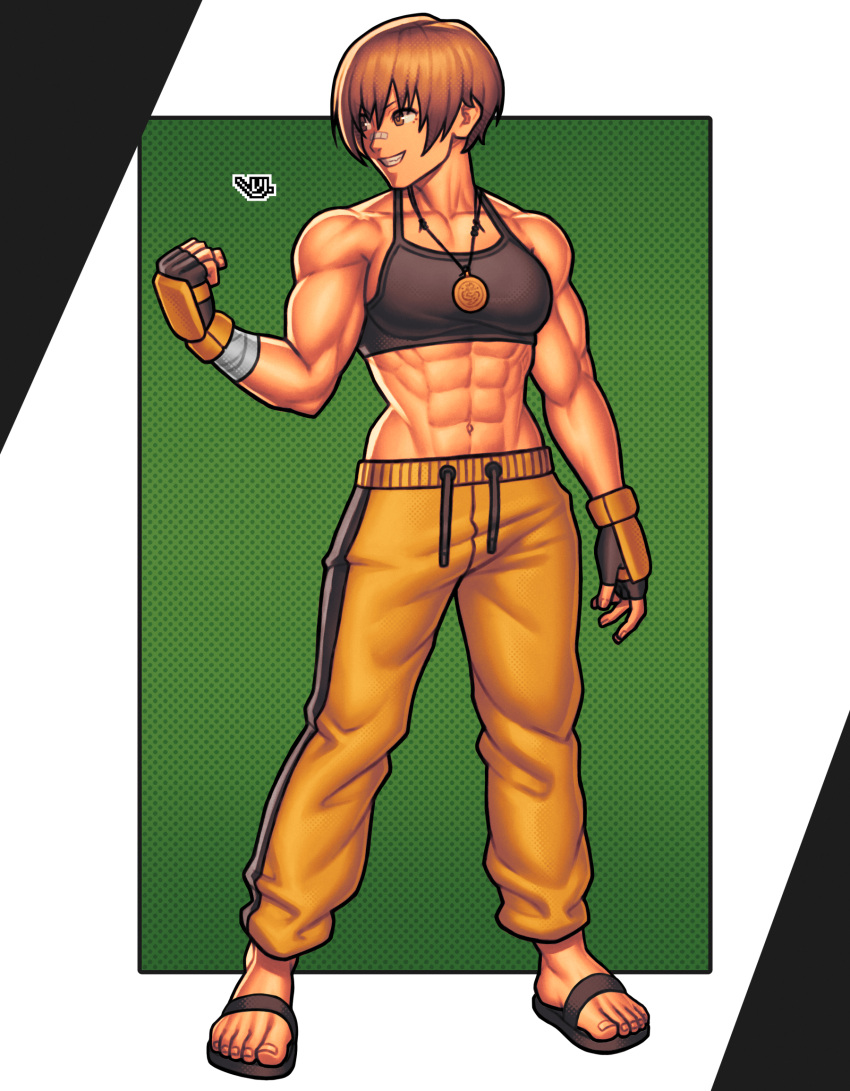 1girl, abs, bandage_on_face, bandages, brown_hair, clenched_hand, gloves, highres