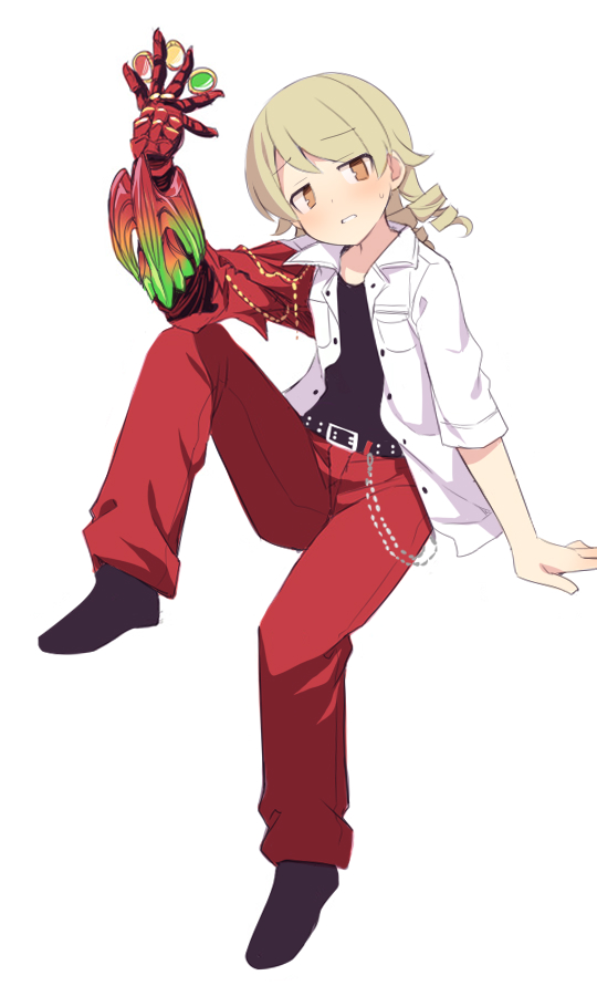 1girl, ankh_(ooo), ankh_(ooo)_(cosplay), arm_up, belt, belt_buckle, black_belt, black_footwear