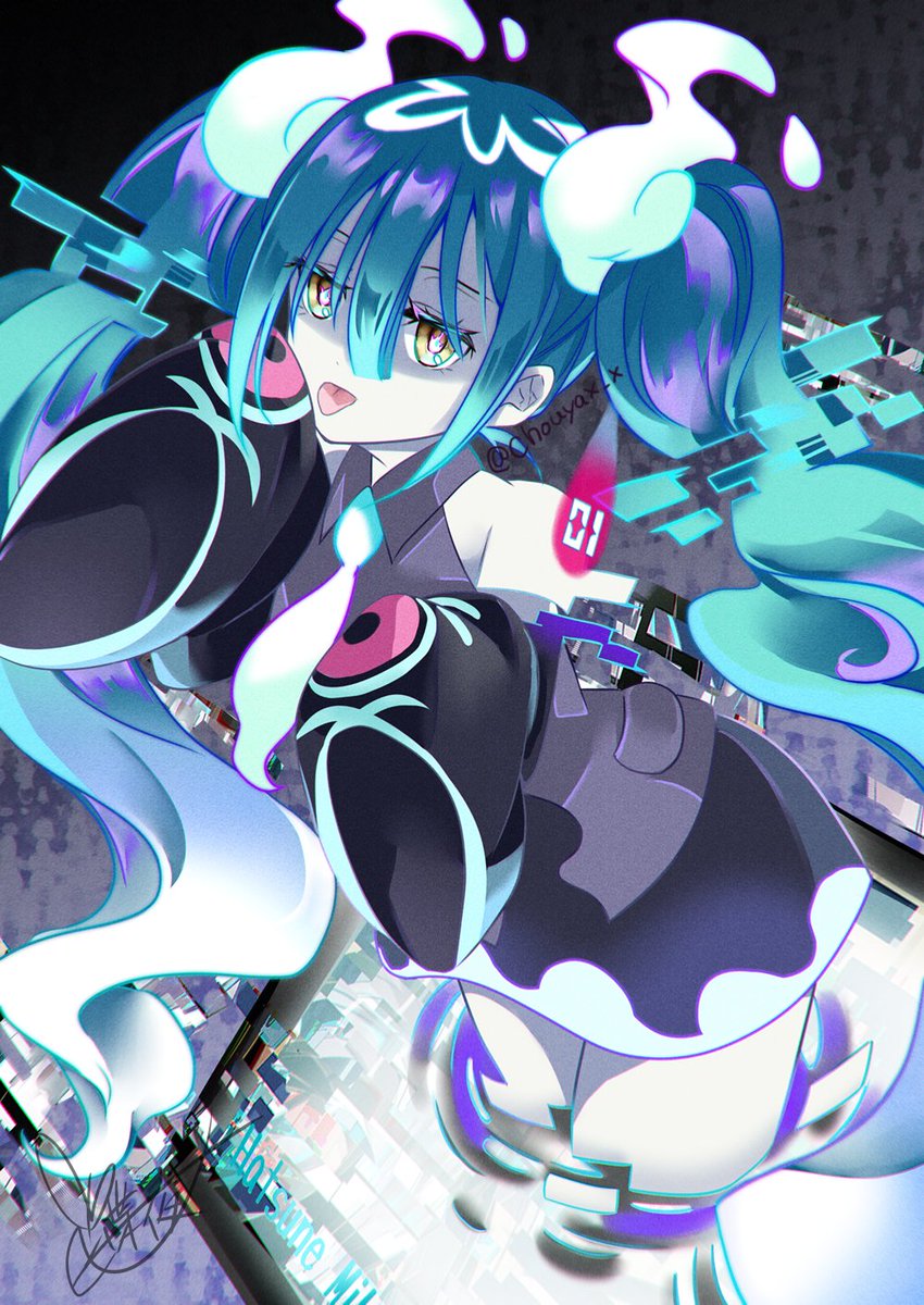1girl, aqua_hair, bare_shoulders, ghost, ghost_miku_(project_voltage), glitch, grey_shirt, hair_between_eyes