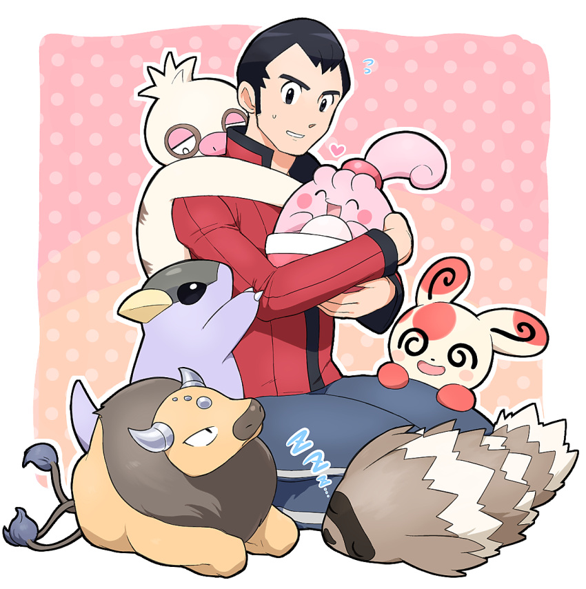 1boy, @_@, ^_^, arms_around_neck, black_hair, black_trim, blue_pants, blush_stickers, border, closed_eyes, egg, flying_sweatdrops, happiny, heart, holding, holding_pokemon, hoshi_(star-name2000), jacket, kangaskhan, kneeling, male_focus, norman_(pokemon), open_mouth, pants, pokemon, pokemon_(creature), pokemon_(game), pokemon_on_back, pokemon_rse, polka_dot, polka_dot_background, red_jacket, sideburns, single_vertical_stripe, slakoth, sleeping, smile, spinda, sweatdrop, tauros, white_border, zigzagoon, zzz