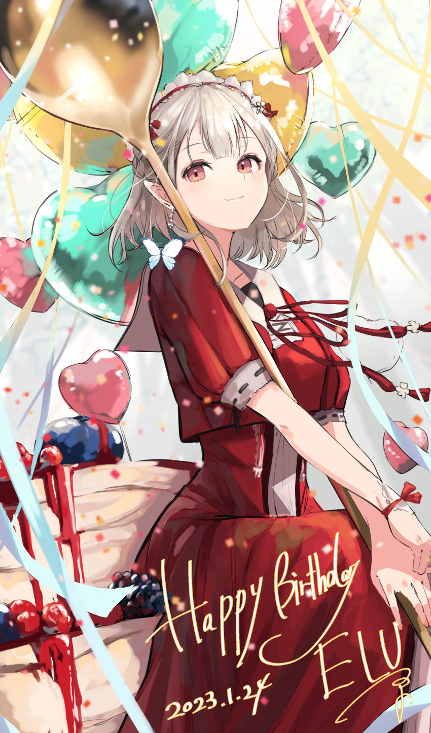 1girl, absurdres, balloon, blueberry, butterfly_on_shoulder, cake, dated, dress, elu_(8th_costume)_(nijisanji), elu_(nijisanji), food, fruit, grey_hair, happy_birthday, heart_balloon, highres, looking_afar, nijisanji, ogura_tubuan, oversized_object, pointy_ears, red_dress, red_eyes, red_ribbon, ribbon, sitting, smile, solo, spoon, virtual_youtuber, white_headdress, wrist_ribbon
