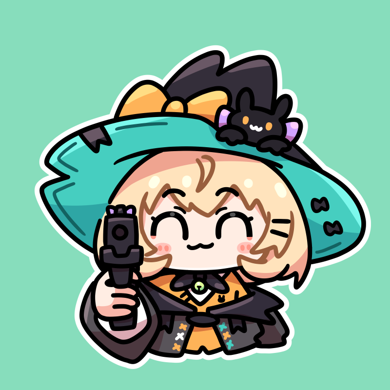 1girl, :3, ^_^, aiming, aiming_at_viewer, animal_on_head, black_cat, black_coat