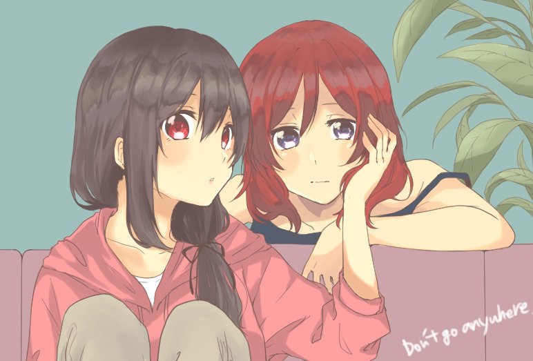 2girls, black_hair, closed_mouth, commentary_request, drawstring, english_text, hair_over_shoulder, hand_on_another's_face, hood, hood_down, hoodie, kasshi_(kasshi1220), knees_up, leaf, long_hair, long_sleeves, looking_at_viewer, love_live!, love_live!_school_idol_project, low_ponytail, multiple_girls, nishikino_maki, pink_eyes, pink_hoodie, plant, redhead, sideways_glance, sleeveless, upper_body, violet_eyes, yazawa_nico, yuri