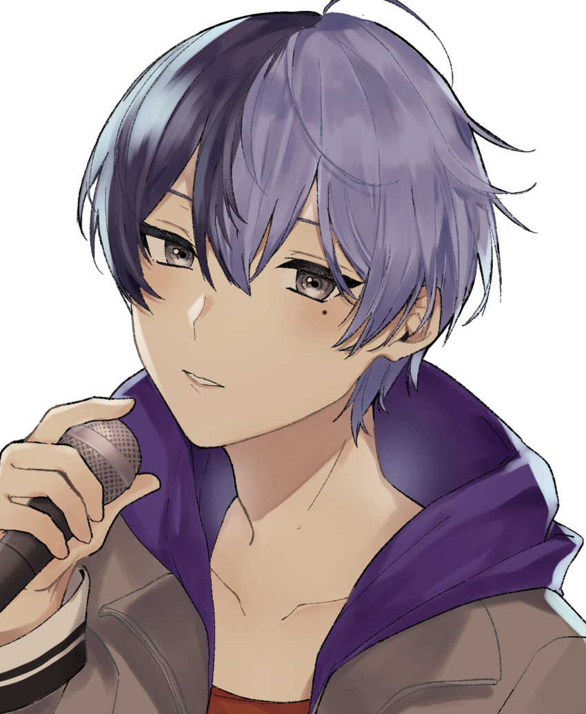 1boy, aoyagi_touya, black_eyes, blue_hair, commentary, dark_blue_hair, hair_between_eyes, hand_up, highres, holding, holding_microphone, hood, hood_down, hooded_jacket, jacket, kasshi_(kasshi1220), long_sleeves, looking_at_viewer, male_focus, microphone, mole, mole_under_eye, multicolored_hair, parted_lips, portrait, project_sekai, short_hair, simple_background, solo, split-color_hair, two-tone_hair, white_background