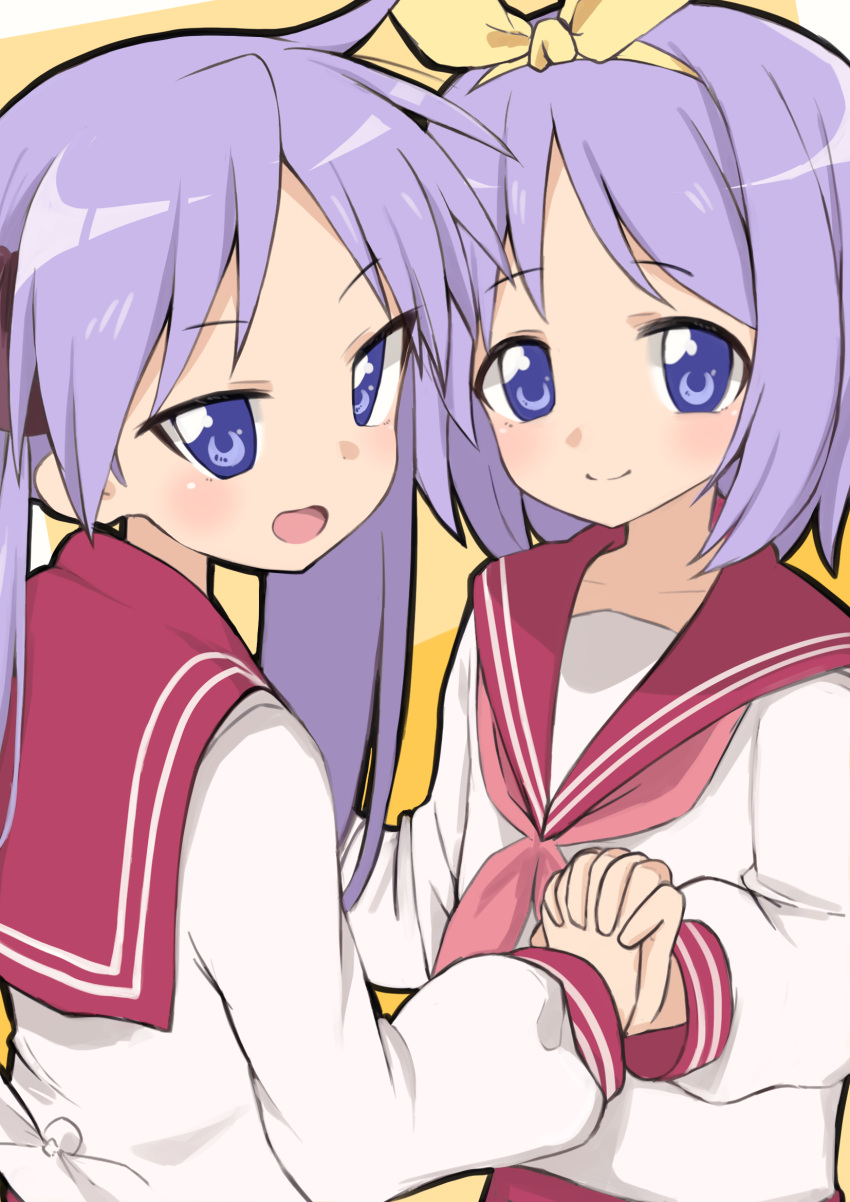 2girls, :d, blue_eyes, closed_mouth, collarbone, hairband, highres, hiiragi_kagami