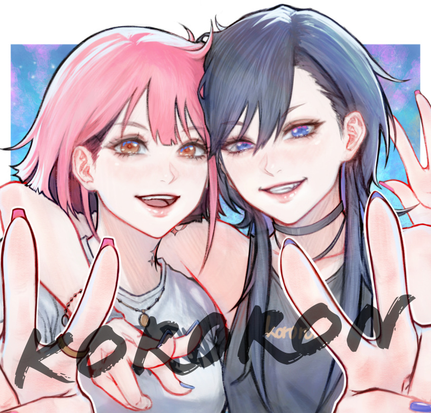 2girls, ai_shou, arm_around_shoulder, black_hair, black_tank_top, blue_eyes, blue_nails, grin, highres, jewelry, kororon_(song), multiple_girls, nail_polish, necklace, open_mouth, pink_eyes, pink_hair, pink_nails, ring, shirt, smile, tank_top, v, white_shirt
