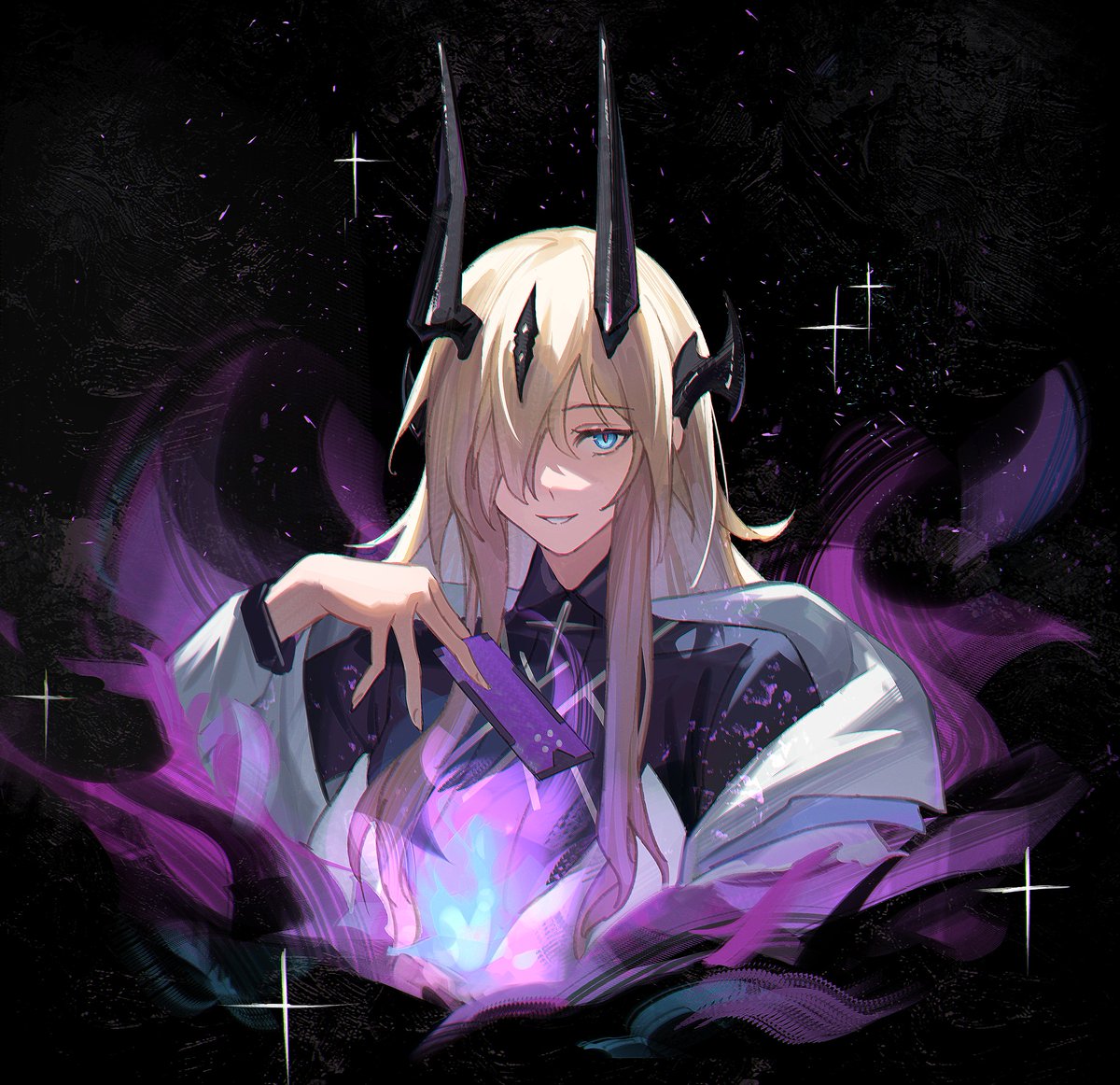 1girl, arknights, black_background, black_dress, blonde_hair, blue_eyes, blue_fire, commentary