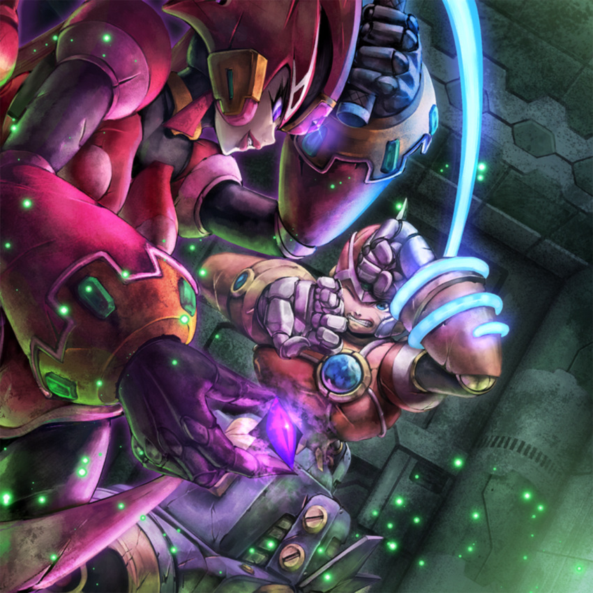 1boy, 1girl, aile_(mega_man_x:_command_mission), android, armor, armored_bodysuit, armored_gloves, artist_request, breasts, capcom, energy_whip, ferham_(mega_man), gem, gem_on_head, glowing, glowing_eyes, glowing_weapon, glowing_whip, helmet, highres, holding, holding_gem, holding_weapon, holding_whip, humanoid_robot, large_breasts, mechanical_arms, mechanical_wings, mega_man_(series), mega_man_x:_command_mission, mega_man_x_(series), megami_magazine, muna-ge, non-web_source, pink_armor, robot, robot_girl, smile, source_request, standing, teppen, violet_eyes, weapon, whip, winged_helmet, wings