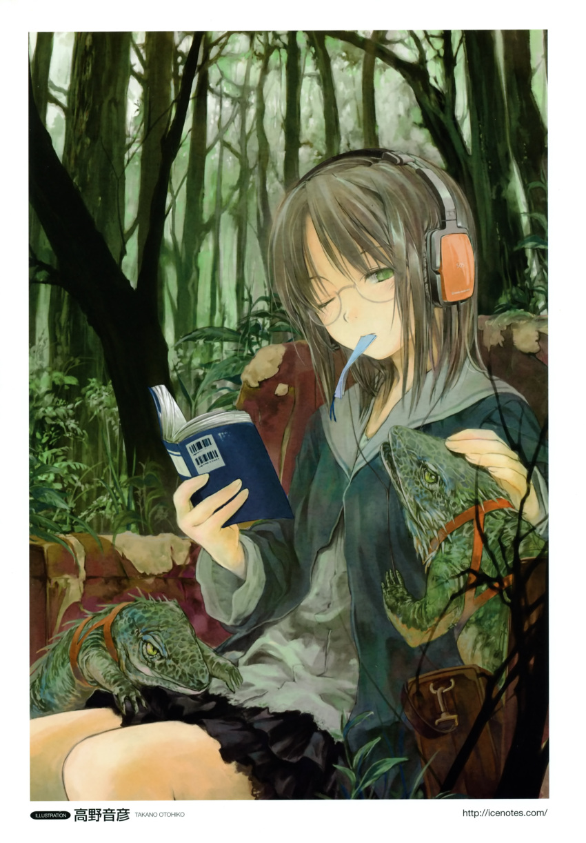 1girl, absurdres, audio-technica, book, brown_hair, forest, glasses, green_eyes