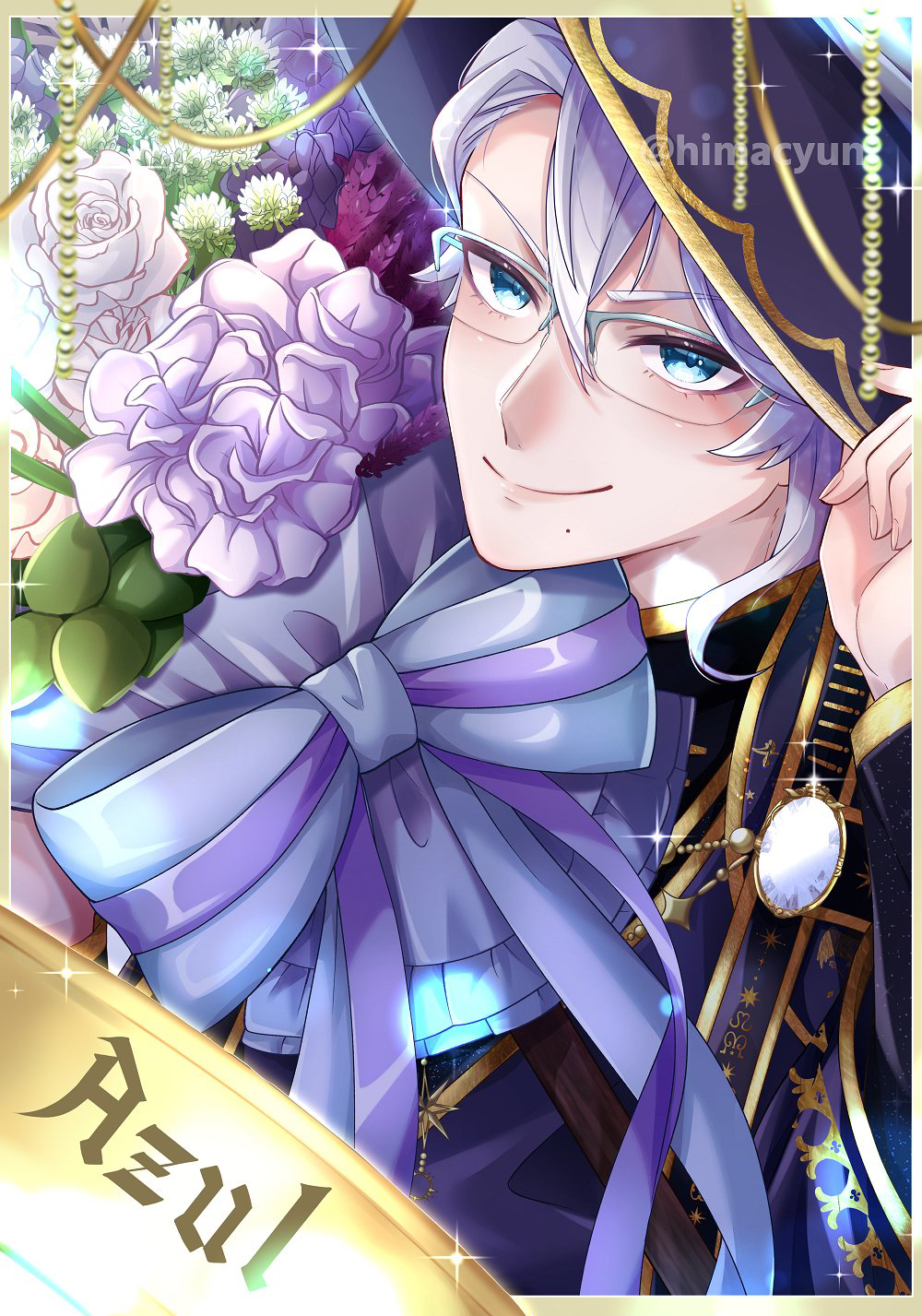 1boy, azul_ashengrotto, bishounen, blue_bow, blue_eyes, border, bow, character_name